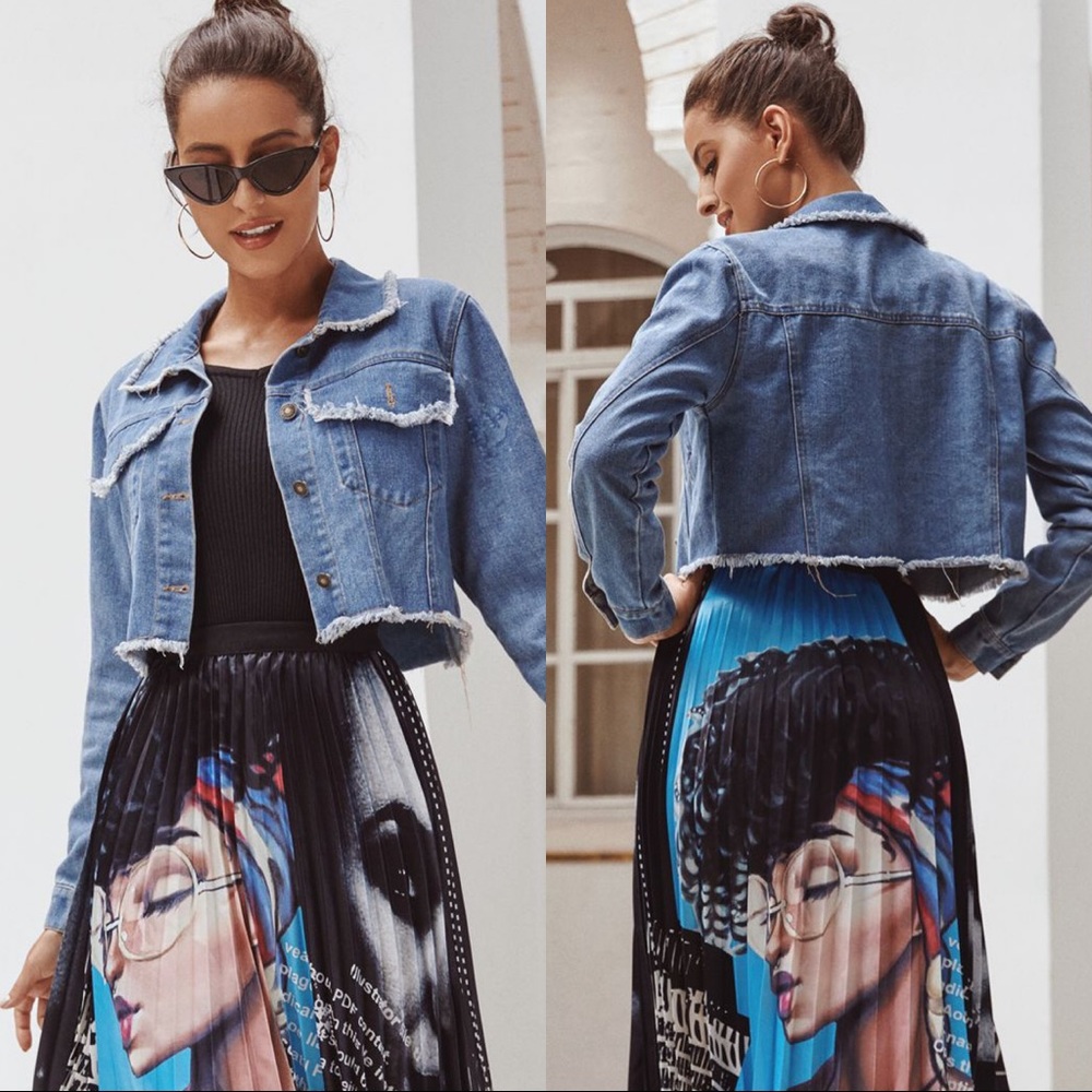 🔥🆕Long Sleeve Button Down Jean Denim Crop Jacket - Picture 1 of 10